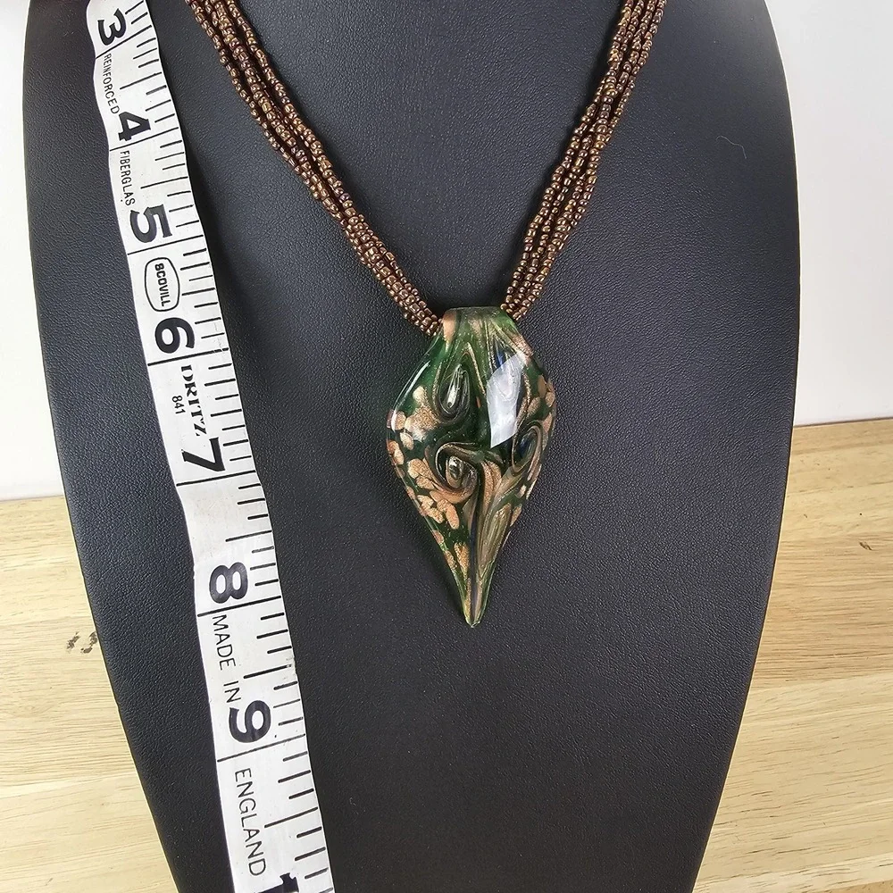 Artisian Glass Leaf Pendant Green Swirl Shimmer Brown‎ Beaded Necklace Bohemian